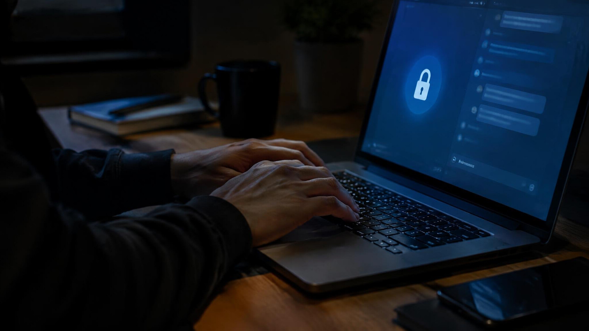 Hands typing on a laptop in a dim room suggesting secure confidential communication