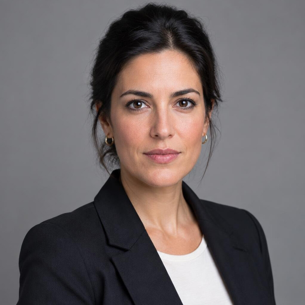 Studio portrait of a Portuguese woman investigative journalist in her mid-30s