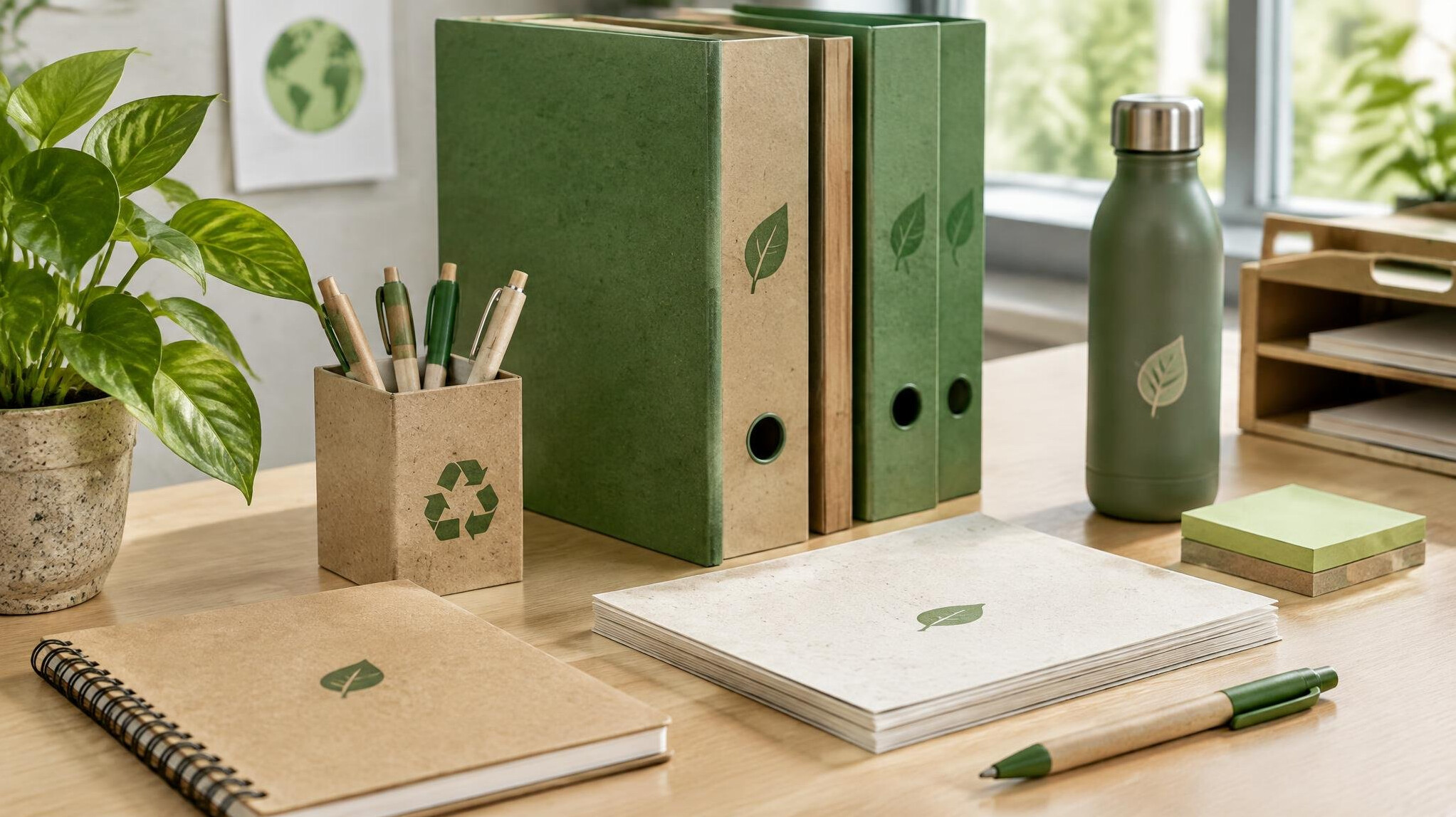 eco friendly office supplies on desk