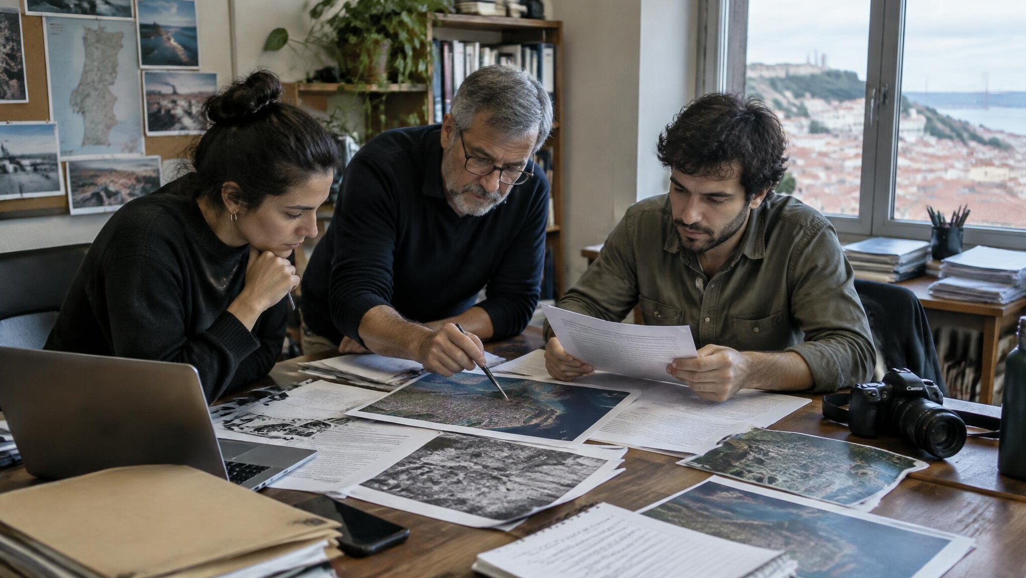 Investigative journalists reviewing documents and maps in a newsroom