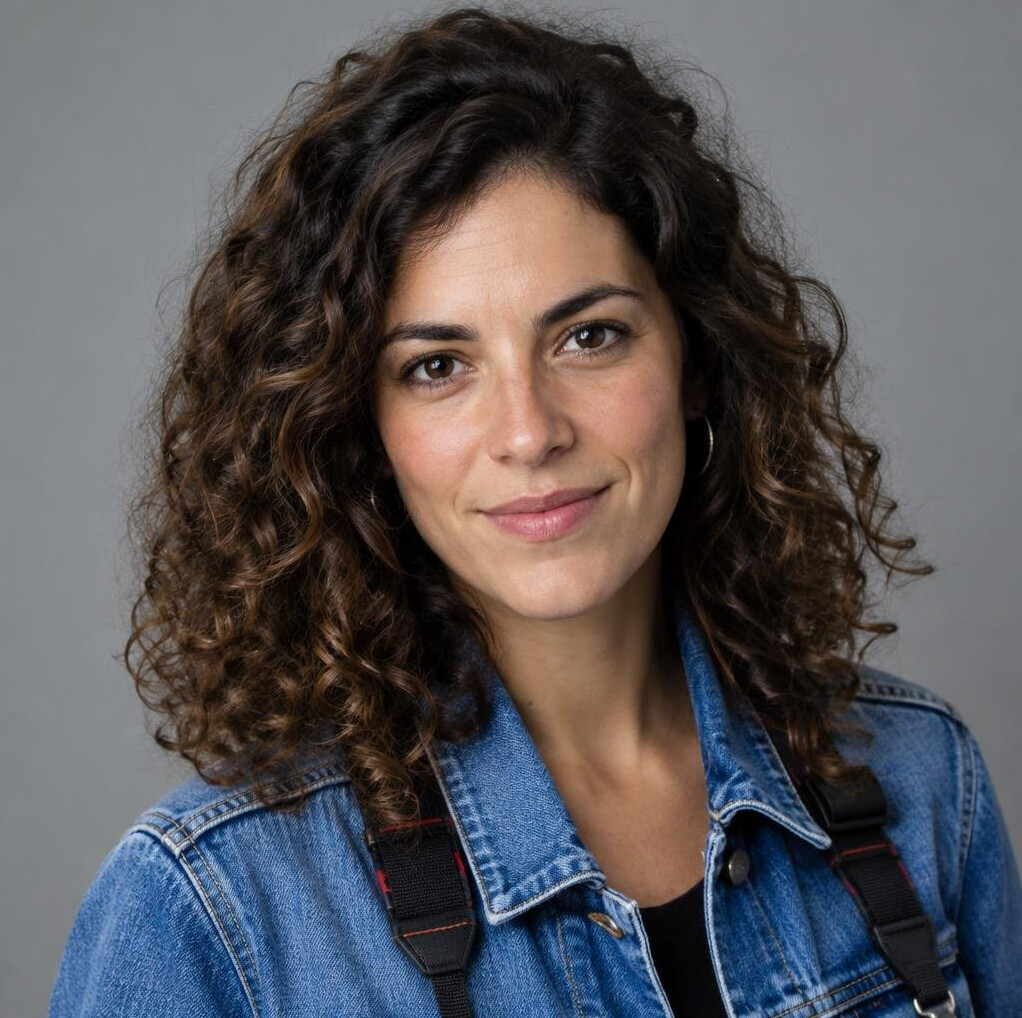 Studio portrait of a Portuguese woman photojournalist in her late 20s
